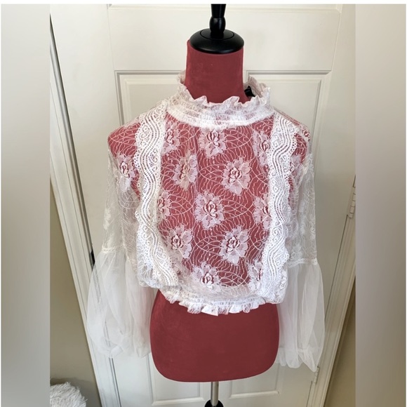 LACE HIGH NECK FULL BALLOON SLEEVE BLOUSE - Picture 4 of 8